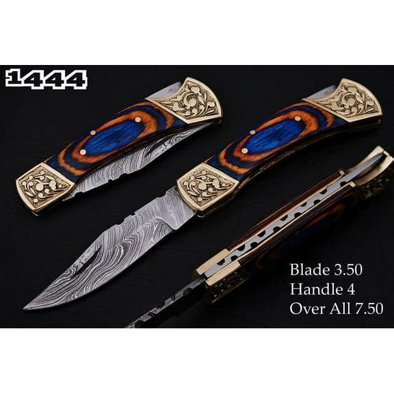 Custom Damascus Steel Folding Knife With Stained Wood & Engraved Brass Bolster