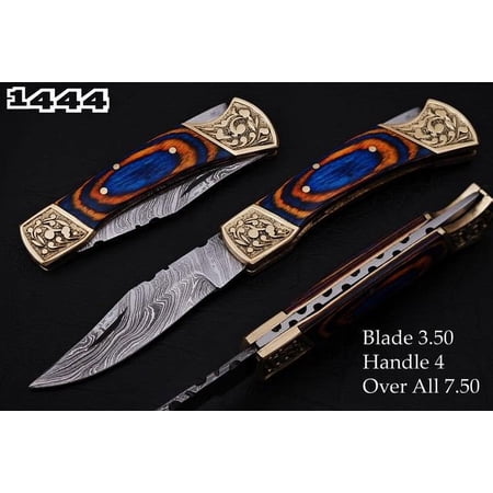 Custom Damascus Steel Folding Knife With Stained Wood & Engraved Brass Bolster