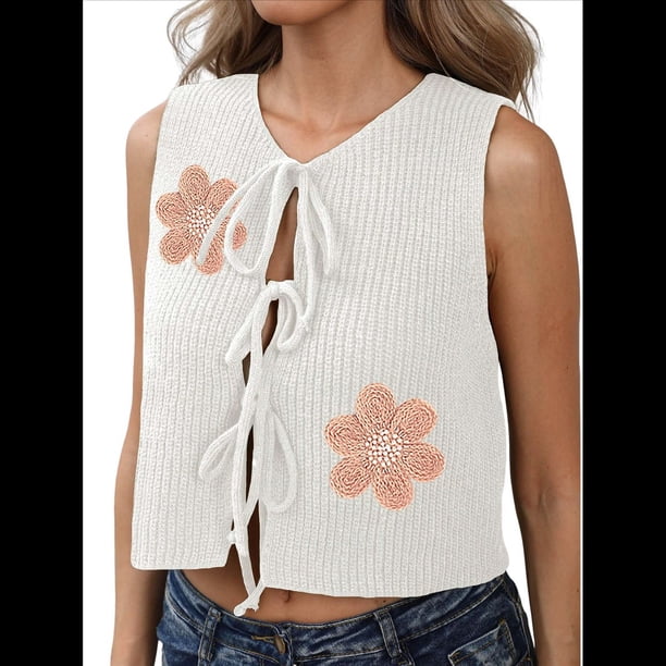 Chaleco de Suéter para Mujer, Sin Mangas, Bordado, Cuello en V, Abierto Al Frente, con Lazo, Corte de Crochet, Informal, Y2K. M