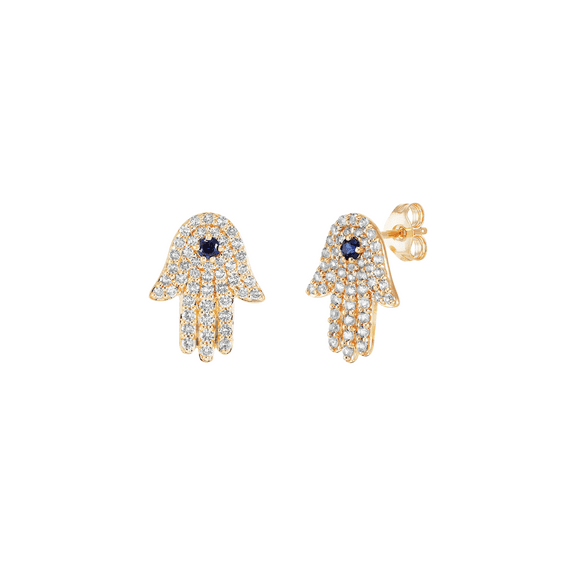 Women's Welry 10kt Yellow Gold Hamsa Drop Earrings with Lab-Created Sapphires