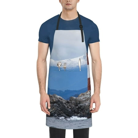 

Pofeuu Lighthouse On The Waters Print Waterproof Apron with Pockets Adjustable Cooking Aprons Kitchen Bib for Baking Household Cleaning