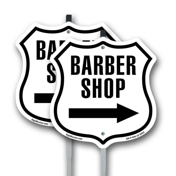 Barber Shop Right Arrow (2 Pack) 12 inch X 12 inch Shield Shaped Commercial Grade Plastic Signs with Aluminum Mounting Stakes Weather Resistant Made in the USA
