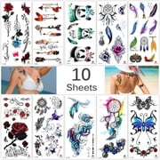 "TRICOLOUR 10 Sheets Temp Body Art Temporary Tattoos Fake Tattoo for Women Kids Butterfly Flower Rose Feather Pattern Waterproof Stickers"