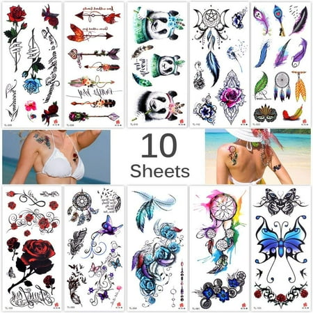 Lady Up 10 Sheets Temp Body Art Temporary Tattoos Fake Tattoo for Women Kids Butterfly Flower Rose Feather Pattern Waterproof (Best Pin Up Tattoos)