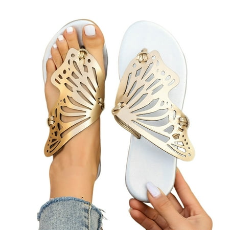 WNVMWI Sandals Women Water Shoes for Women Beach Thong Sandals for Women White Shoes Slippers Flip Flops Summer Casual Glossy Butterfly Soft Leather Beach Outer Wear Large Size Flat Bottom Sa Size 38