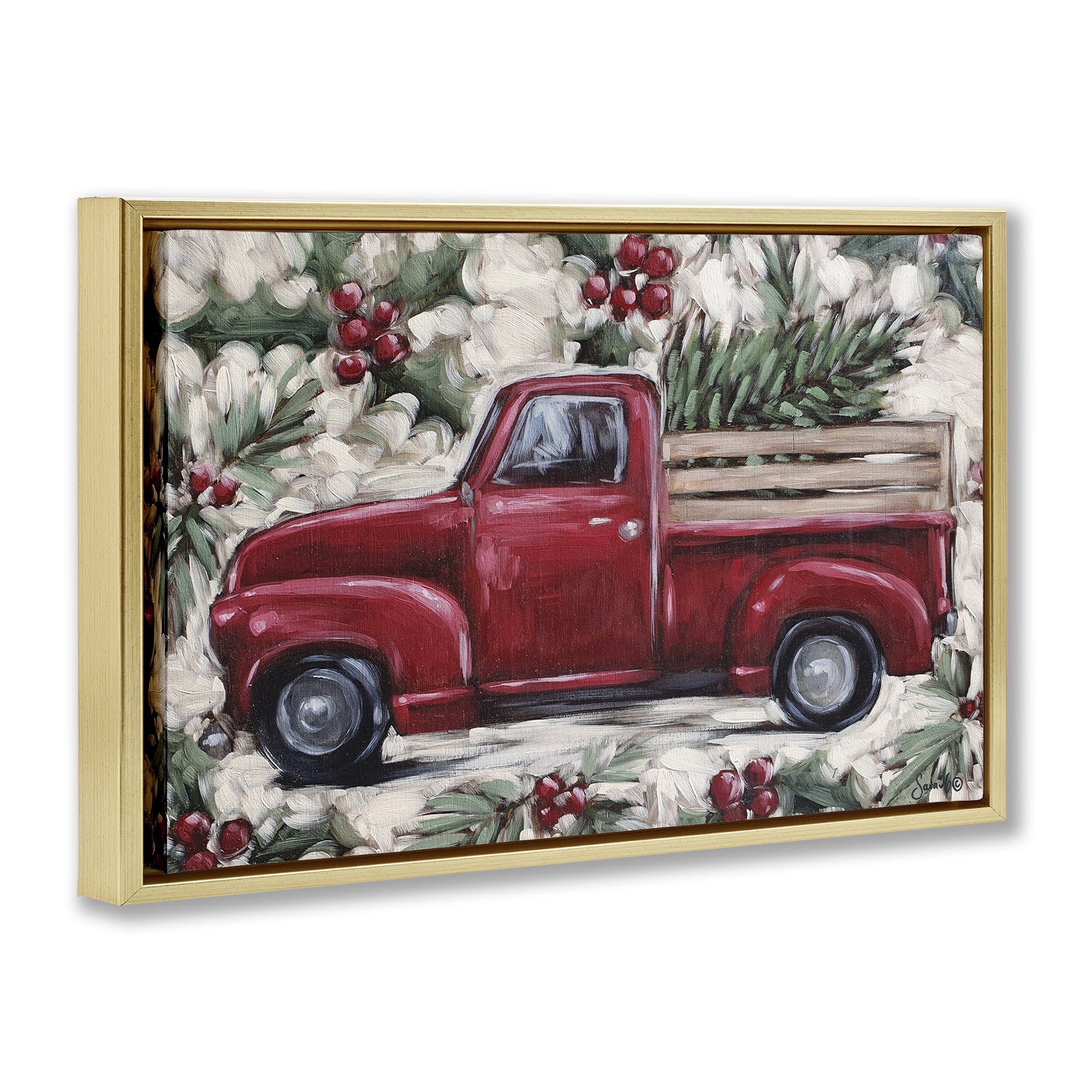 Stupell Industries Pickup & Festive Holly Holiday Painting Gold Floater Framed Art Print Wall Art, 31 x 21