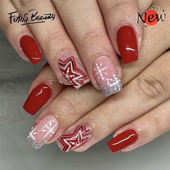 Fofosbeauty 24pcs Press on Nails, Square Tip Nails, Christmas Fake Nails, Full Cover Acrylic Nails for Girls Kids, Square Christmas Snowflakes Colorful Pentagram