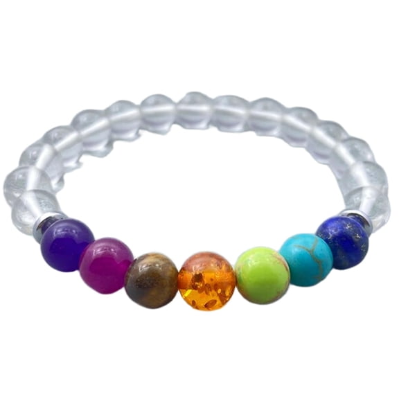 Natural 7 Chakra Stone & Crystal Quartz 8mm Round Shape Smooth Cut Beads Stretchable Bracelet For Men & Women. Unisex Bracelet