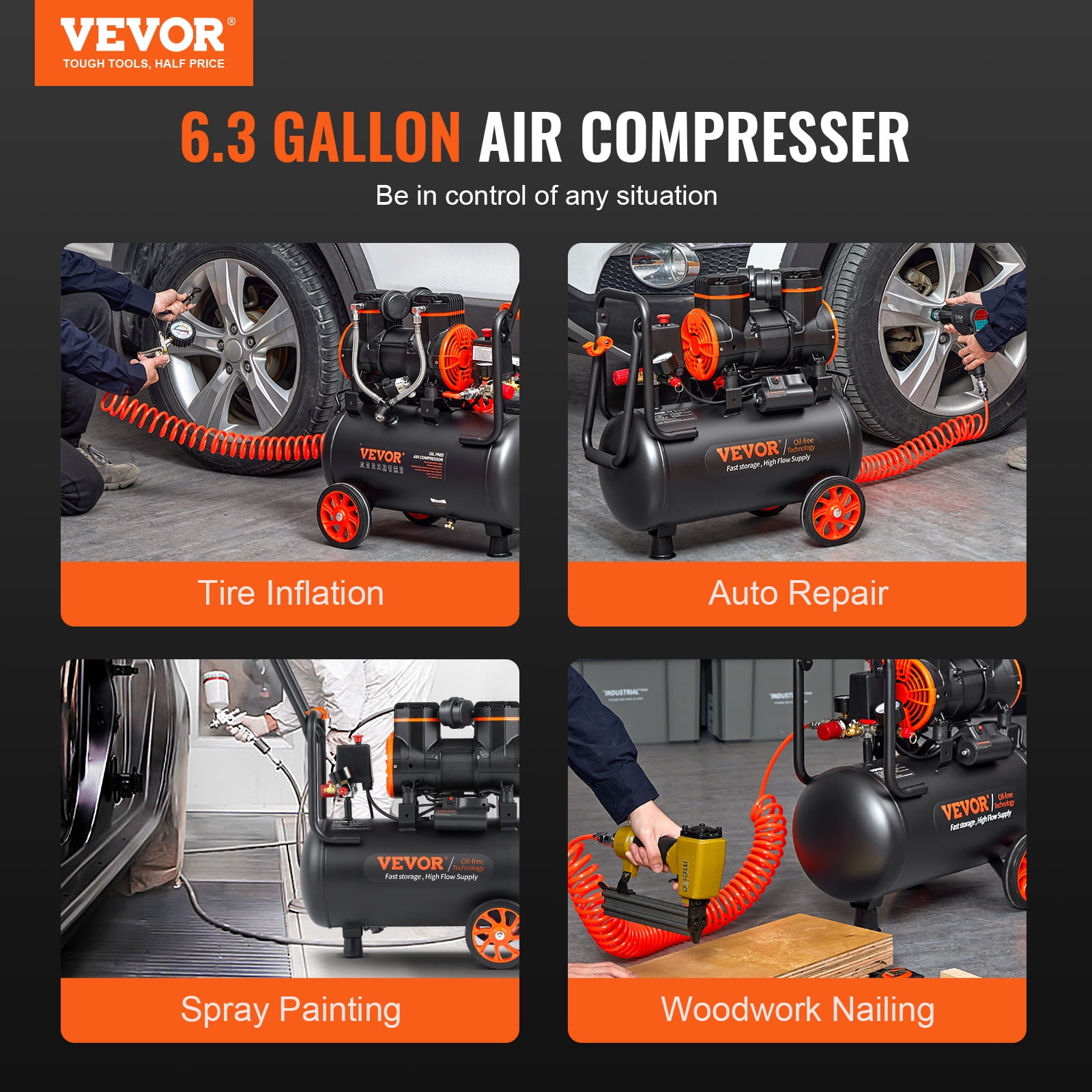 BENTISM 6.3 Gallon Air Compressor, 2 HP 3.35 CFM@90PSI Oil Free Air Compressor Tank & Max. 116PSI Pressure, 70 dB Ultra Quiet Compressor for Auto Repair, Tire Inflation, Spray Painting, Woodwork Nail