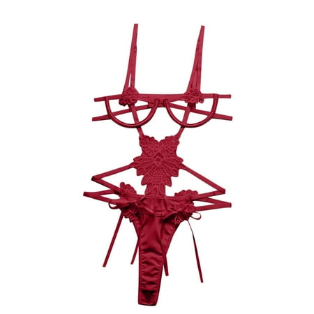 

Odeerbi Sexy Lingerie Bodysuit for Women Lace Embroidery Hollow Out Bikini Red