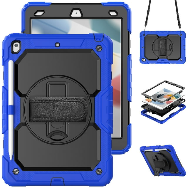 XYX For iPad 9th/8th/7th Generation 10.2 inch Case, 360 Rotating Shockproof Cover with Stand, Screen Protector, Shoulder Strap, Blue