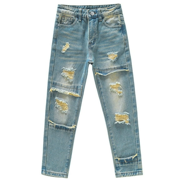 GYRATEDREAM Kid Boys Ripped Destroyed Straight Leg Jeans Children Fashion Skinny Fit Elastic Waist Distressed Denim Pants Stretch Slim Trousers for 5-13 Years