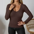 thumbnail image 1 of MHFRRA Camiseta de Manga Larga Acanalada, Ajustada, con Cuello En V, Informal, Elástica, Suave y Cómoda, Básica para Uso Diario Marrón, 1 of 4