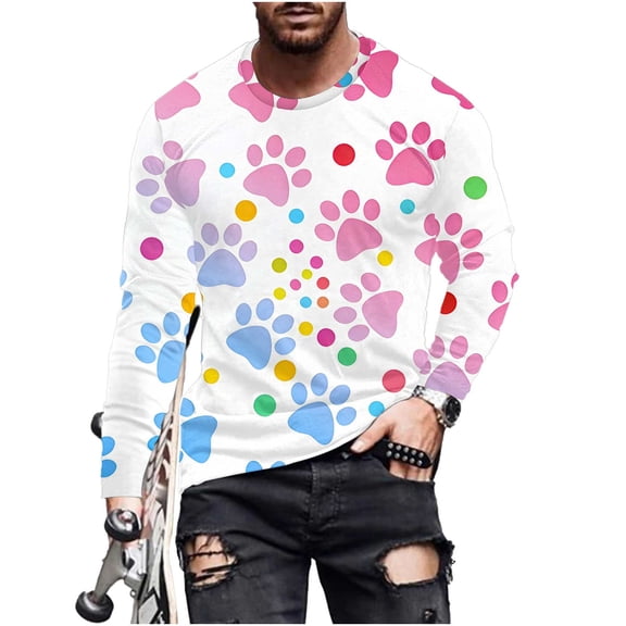 Men's Long Sleeve T-Shirts Casual Big&Tall Round Neck and Loose Fit Paw Printed Comfy Cozy Graphic Pullover Tops (XL, Pink)