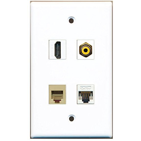 RiteAV - 1 Port HDMI 1 Port RCA Yellow 1 Port Phone RJ11 RJ12 Beige 1 Port Cat5e Ethernet White Wall Plate