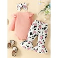 thumbnail image 3 of Wassery Baby Girl Fall Clothes 3 6 9 12 18 Months Infant Cow Print Long Sleeve Rompers Bodysuits + Flare Pants + Headband Newborn Cute 3Piece Clothing 0-18M, 3 of 9