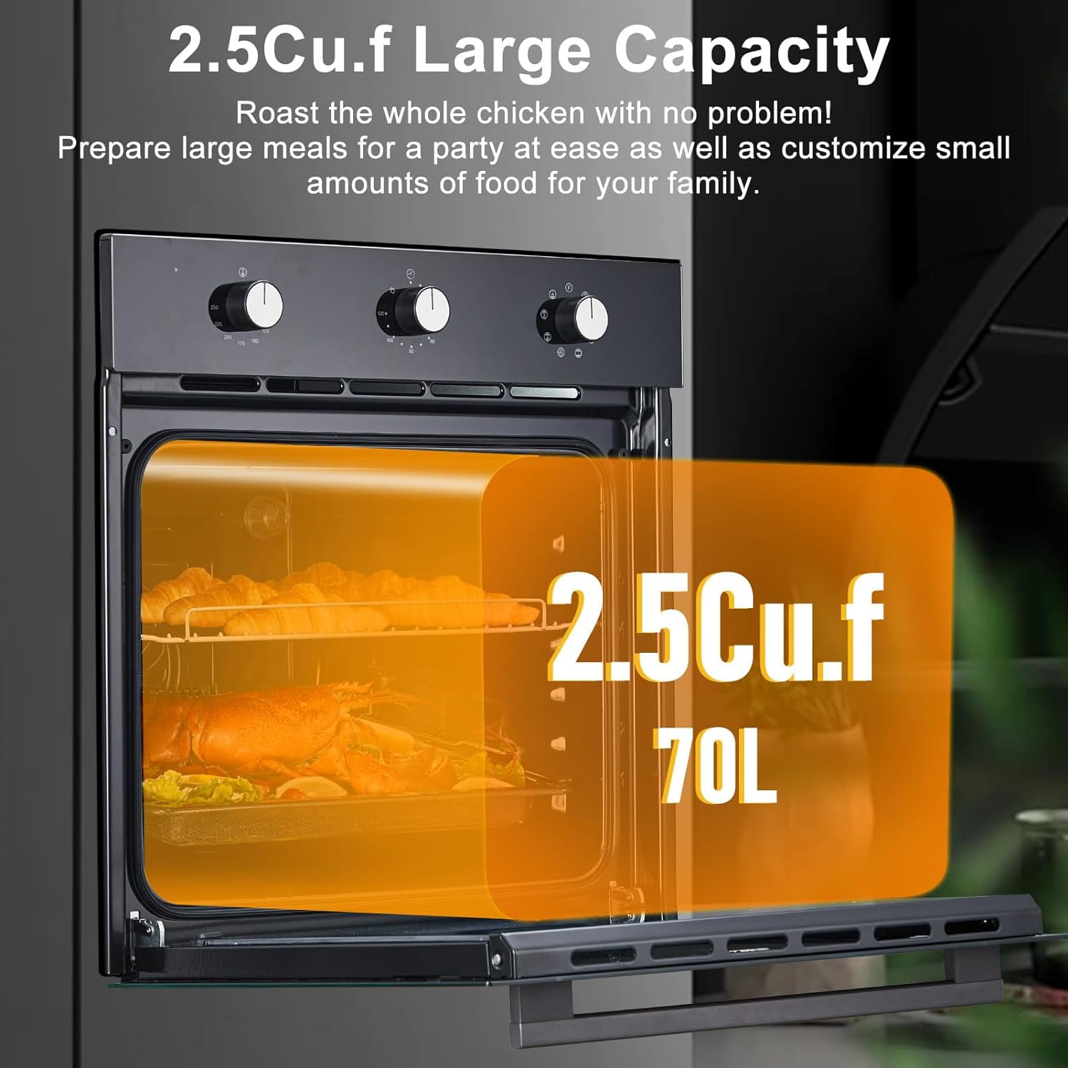 Single Wall Oven 24" Built-In Electric Ovens With Mechanical Knobs Control, 70L, 3000W, 8 Baking Modes, With Air Frying Function, 3D Surround Heating With Double-Layered Glass Door