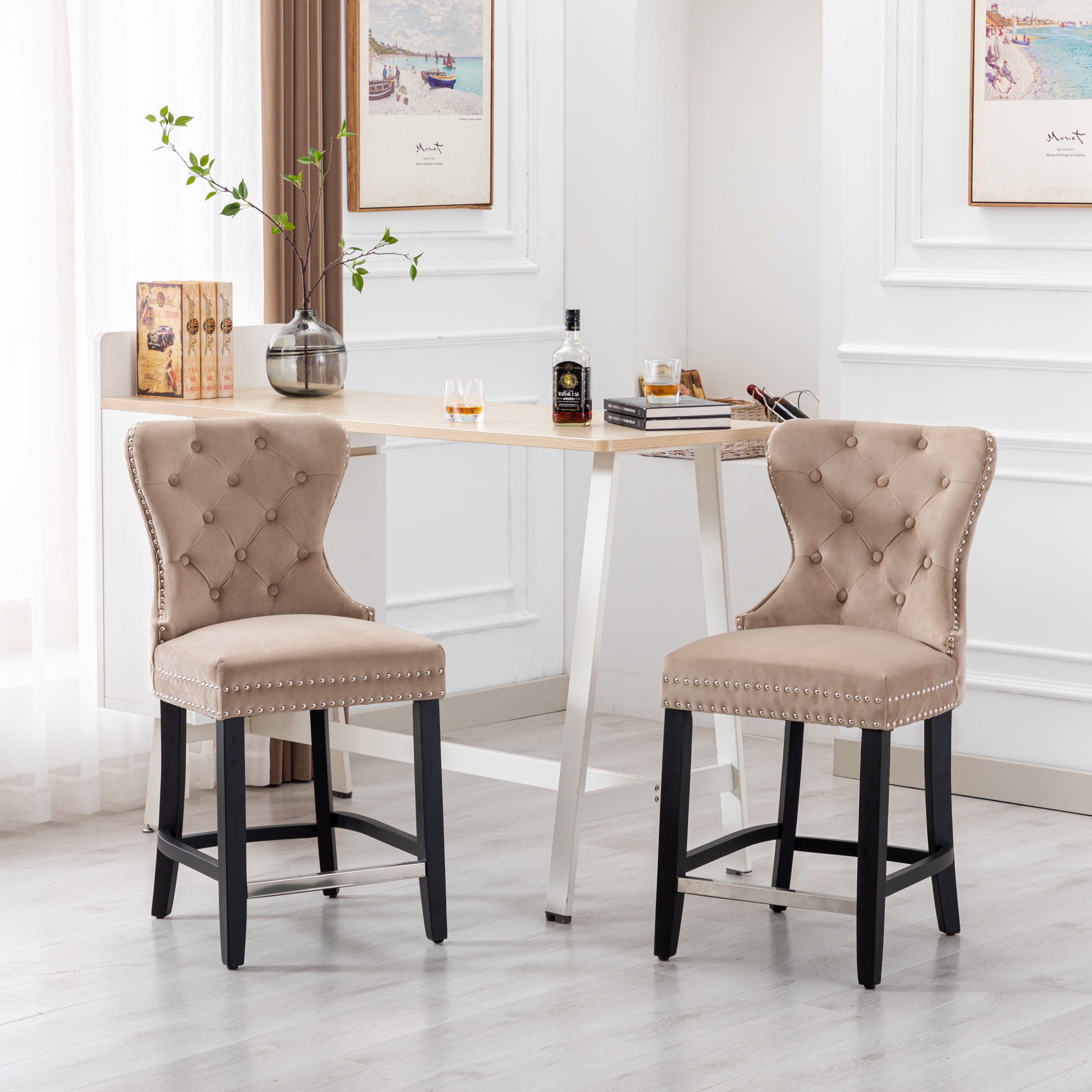 Westin Outdoor 24" Tufted Velvet Bar Stool (Set of 2), Black/Velvet Taupe