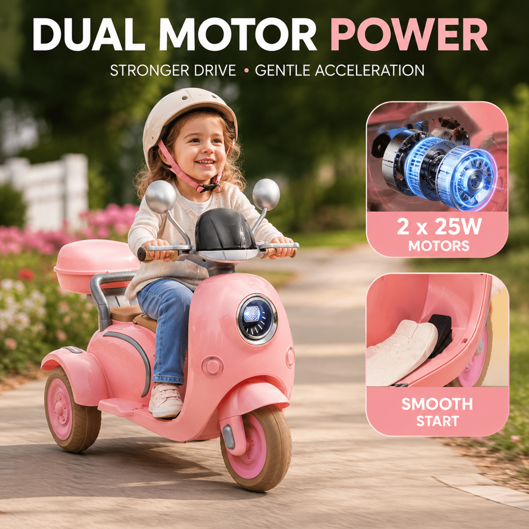 12V Electric Motorcycle for Kids, 2 Seater Battery Power Ride on Motorcycle Toys with Slow Start, LED, Music, USB, 3 Wheel Electric Motorcycle for Boy Girl Birthday Gift, Pink