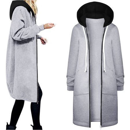

Womens Hoodies Coat with Pockets Fall Winter Warm Drawstring Zipper Open Thin Hooded Jackets Long Cardigans Tops Outwear