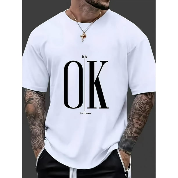 Men's Geometric Print Casual T-Shirt - Breathable Summer Round Neck Tee with Bold 'OK' Letter Design, Regular Fit for Gym, Office & Casual Attire, Elegant Craftsmanship, Casual Sporty Tee