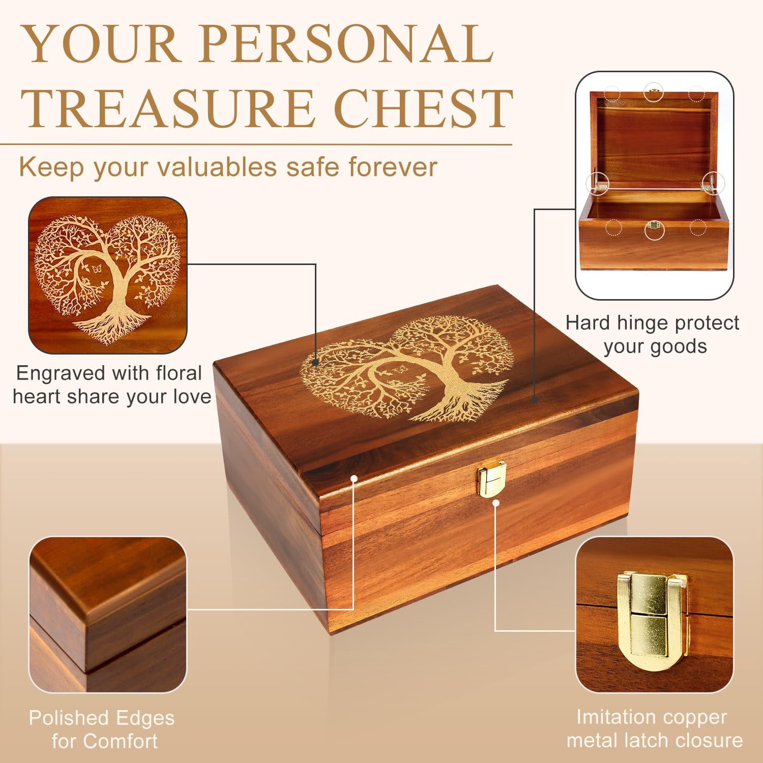 Large Wooden Keepsake Box with Hinged Lid and Photo Frame - Elegant Wedding Memory Box, Ideal for Photos, Letters, Time Capsules, Bride Gift, Love, Decorative Storage