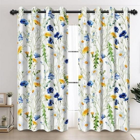 Wildflower Pattern Fabric Print Window Curtain Panels Bedroom Decor, Blue Yellow Floral Leaves Botanical Garden Theme Black Out Curtains For Bedroom Windows Living Room 42"W x 96"L (Pack of 2)