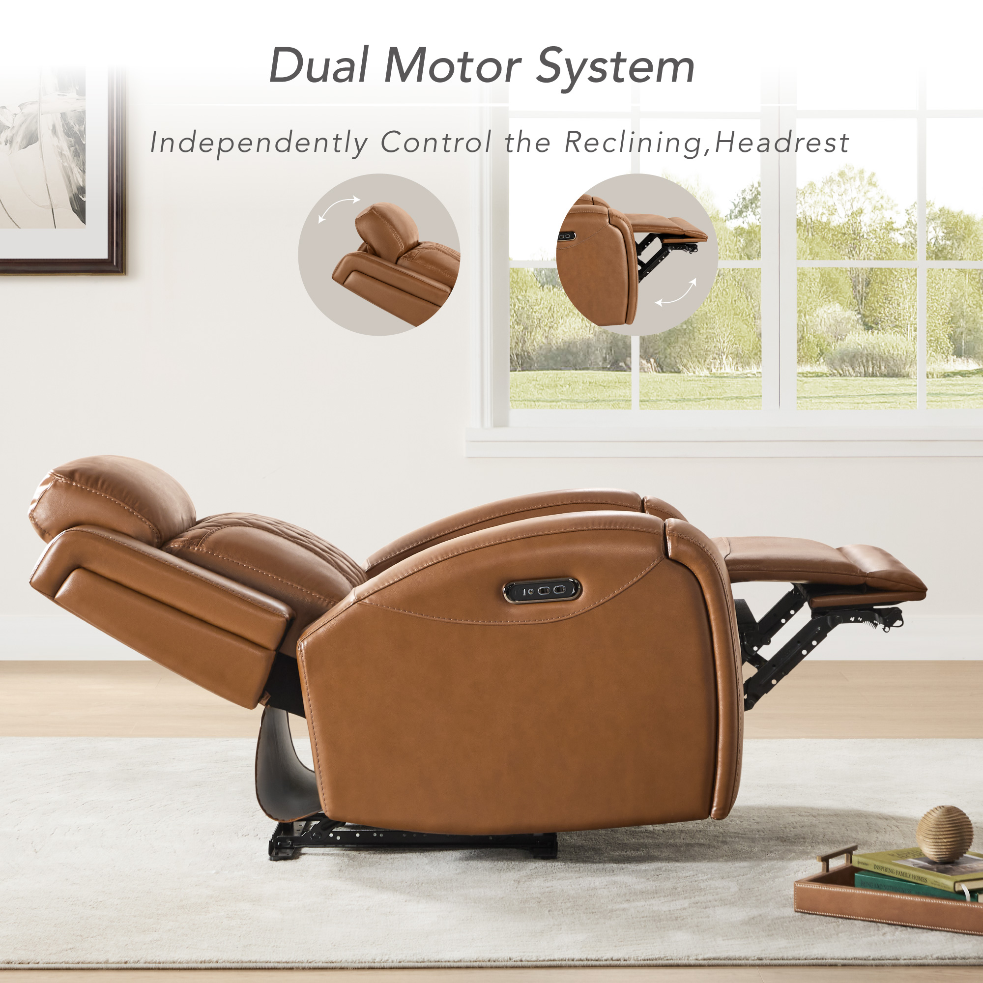 Spruce & Spring Leather Dual-Motor Lay Flat Recliner for Living Room, Saddle