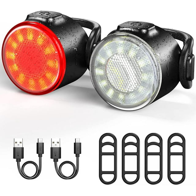 Bike Light Set, USB Rechargeable Bike Front Light and Tail Light Combination, IPX4 Waterproof Standard, 6 Lighting Modes, Easy to disassemble, Safe and Reliable, Suitable for All Bicycles and Roads