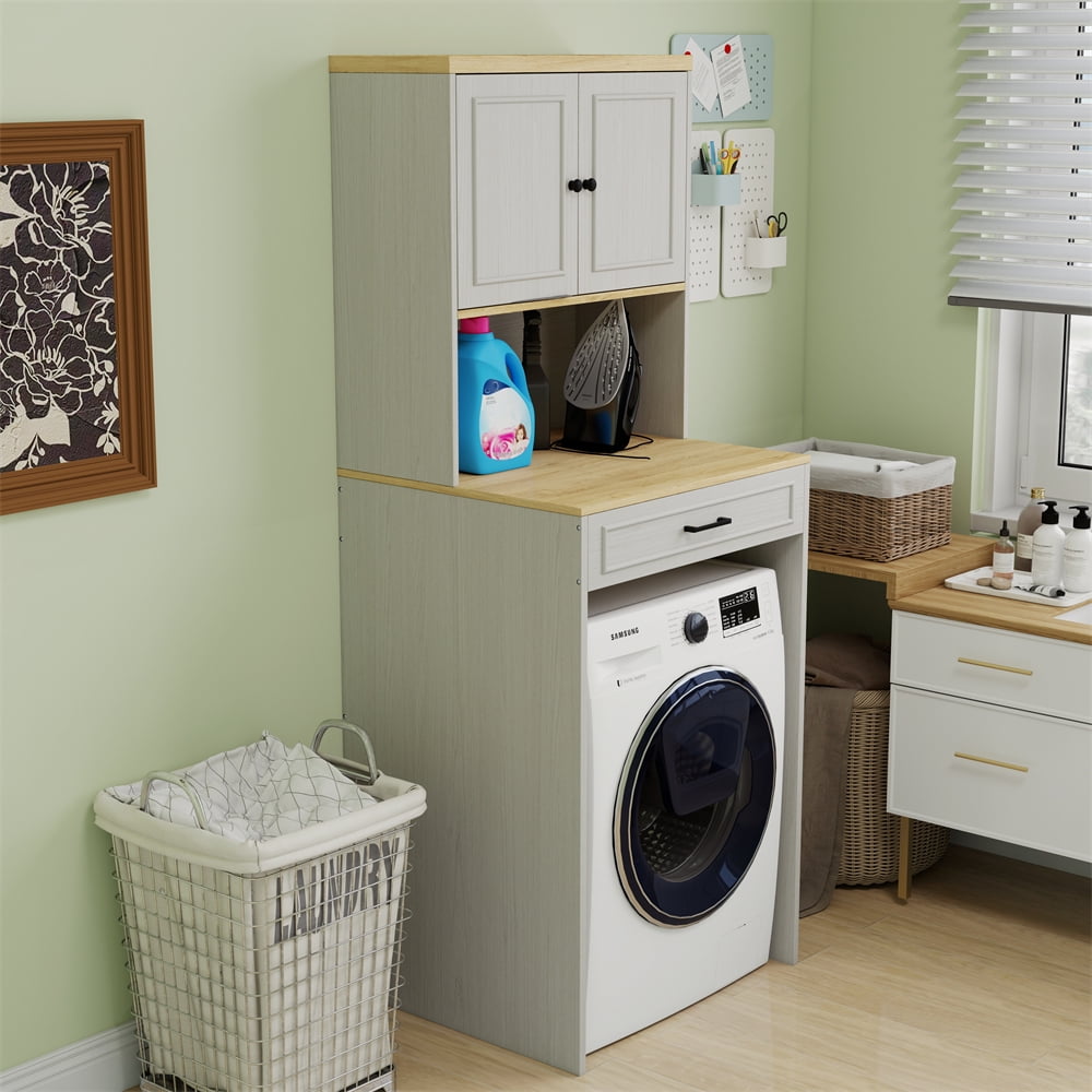 YINGYING  Over The Washer and Dryer Storage Shelf, Wooden Laundry Room Storage Organizer with 1 Door & Adjustable Shelf