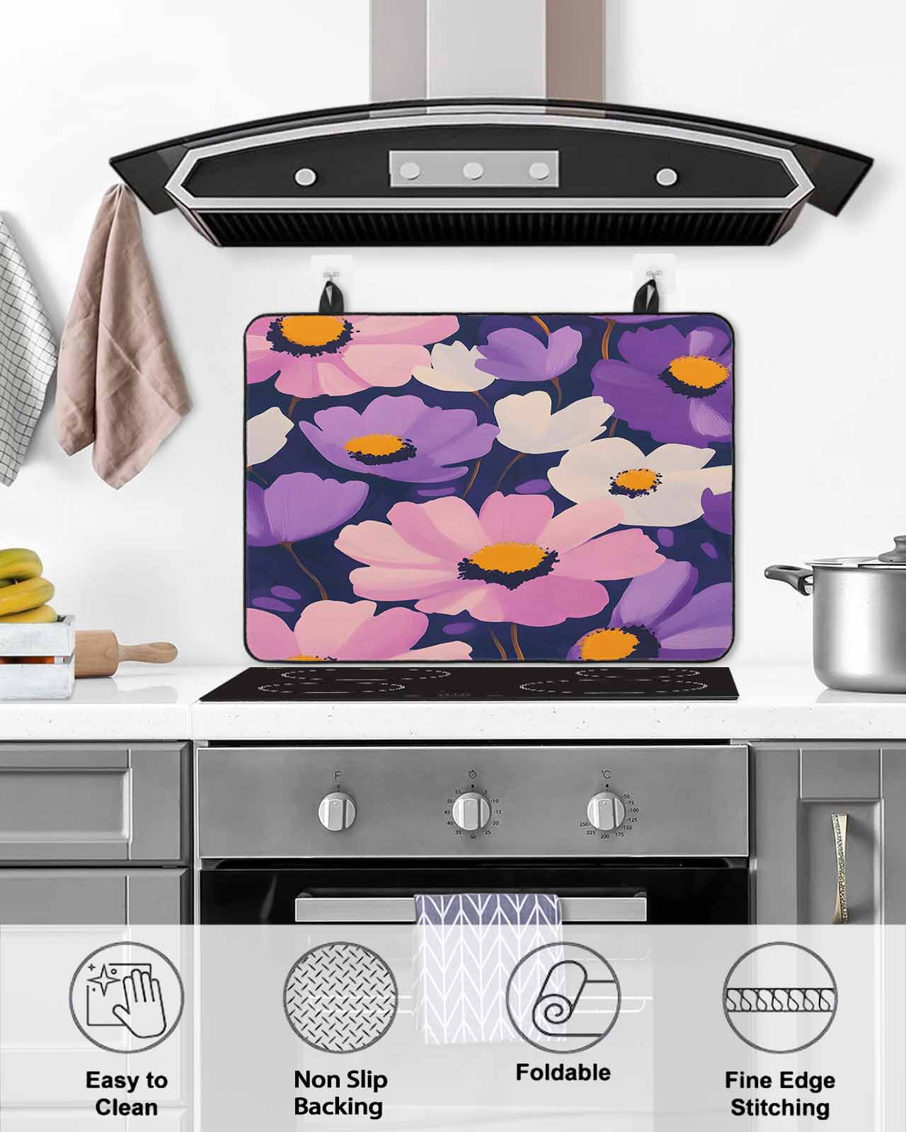 nqOlkjepod Large Induction Cooktop Protector Mat 28.5"x20.5", Purple Spring Floral Stove Top Covers for Electric Stove, Flowers Summer Botanical Abstract Art Stove Burner Cover Mats Stove Cover