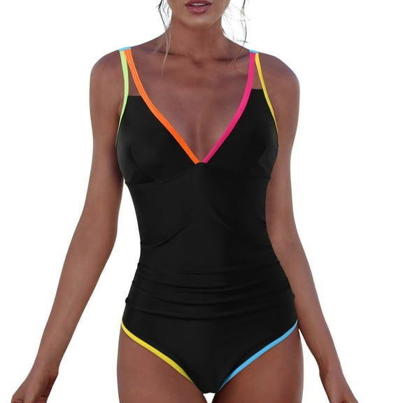 QHFBli Women's Tummy Control Swimsuits One Piece Neon Color Block Swimwear Deep V Neck Bathing Suit