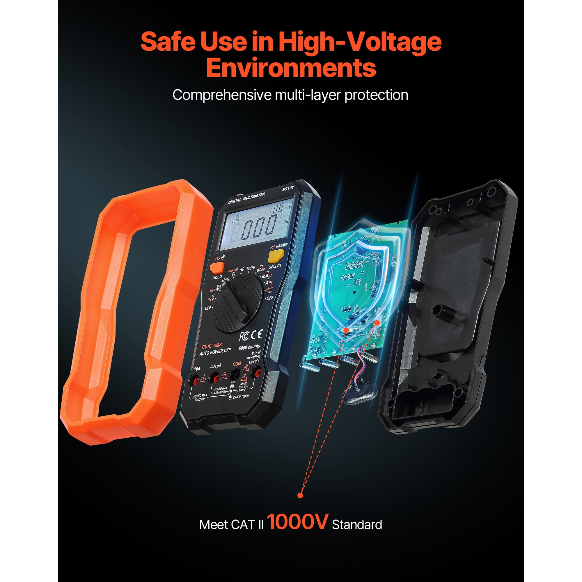KFFKFF Digital Multimeter, 6000-Count TRMS AC/DC Voltage and Current Tester, Professional NCV Meter for Measuring Voltage, Current, Resistance, Capacitance, Temperature, Diodes, Continuity