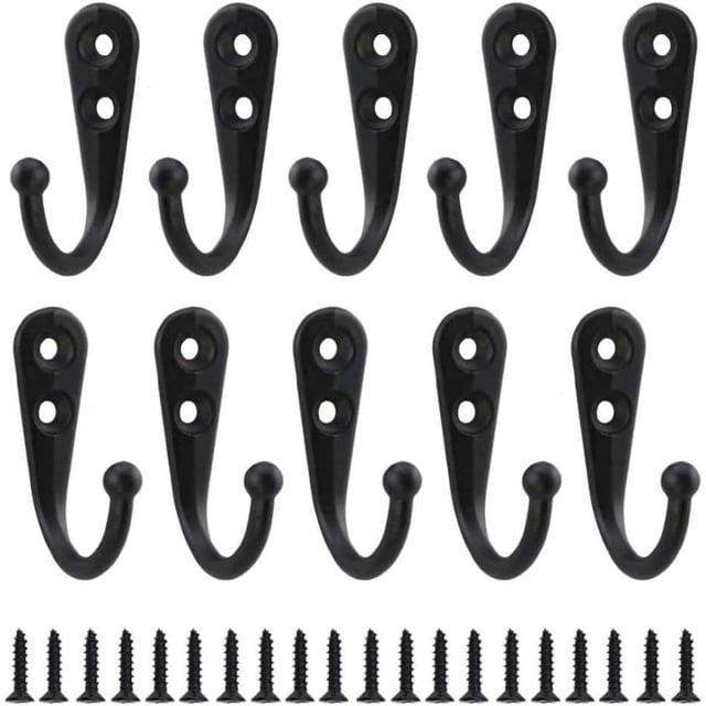 10 Uds. Ganchos para abrigos de metal negro retro, ganchos de pared individuales atornillados, perchero de pared vintage para albornoz, estantes para el hogar, cajones, taquillas, baño con 20