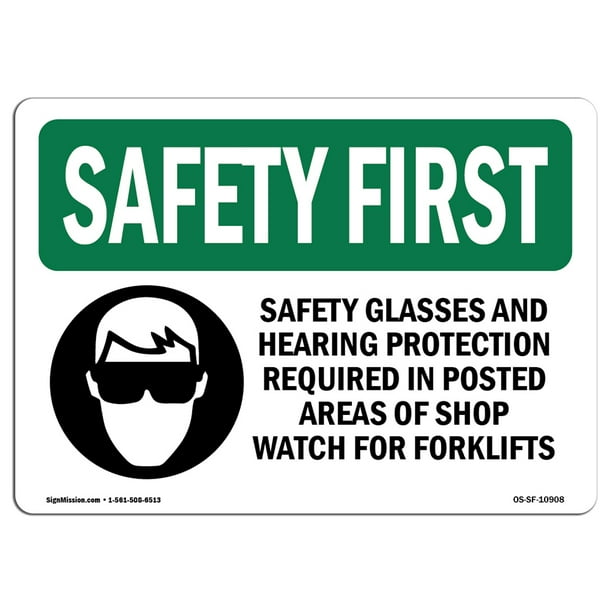 OSHA SAFETY FIRST Sign - Safety Glasses And Hearing Protection With Symbol | Choose from: Aluminum, Rigid Plastic or Vinyl Label Decal | Protect Your ...