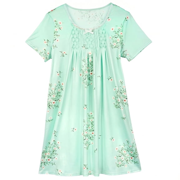 Dakimoe Nightgowns for Women-Night Dress with Lace Trim Pleated Sleepshirt Casual Print Sleepshirt