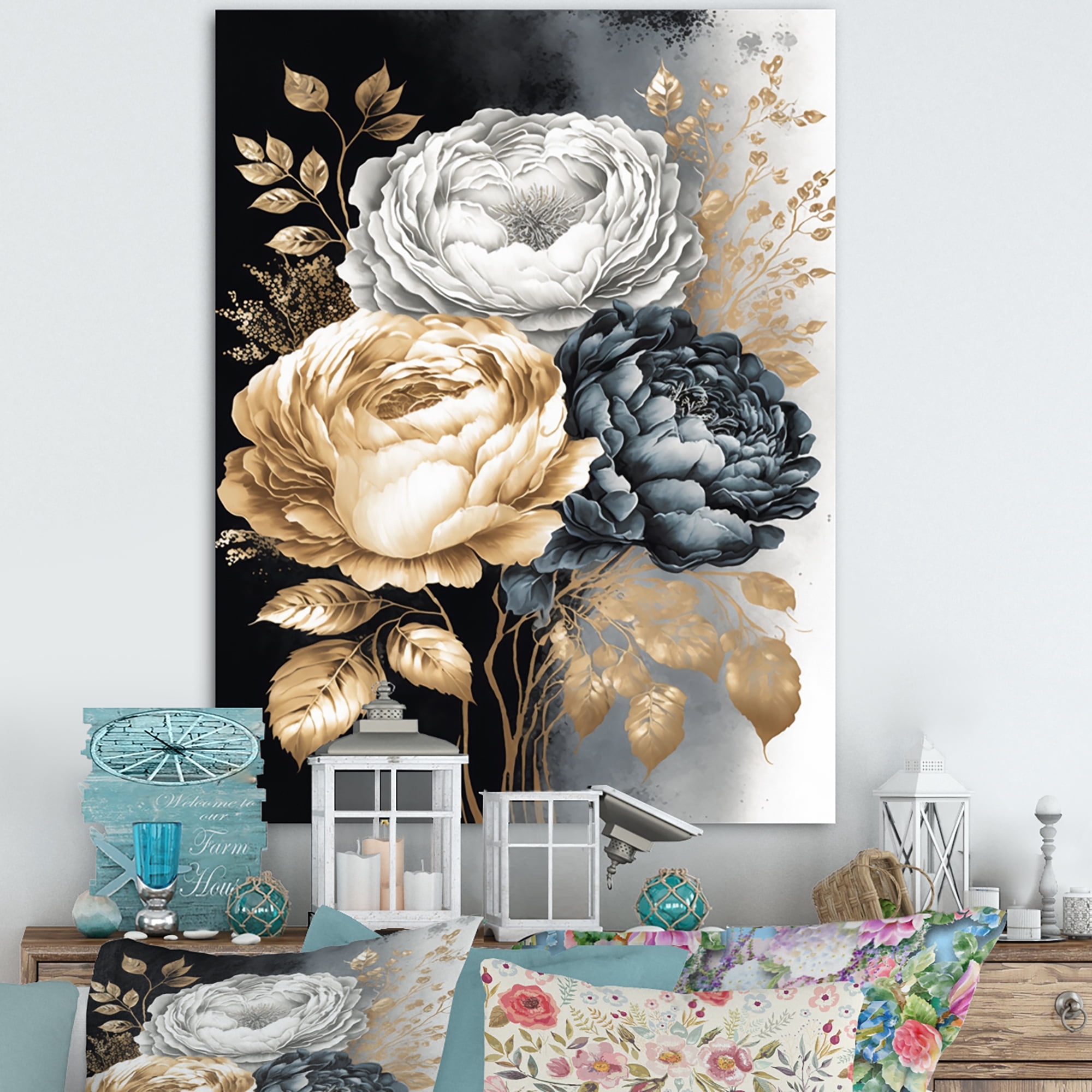 Designart White, Gold And Black Rose Bouquet I Canvas Wall Art