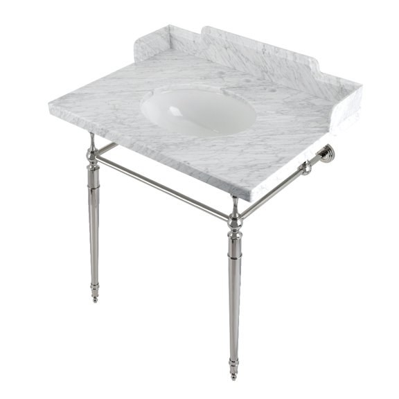 Kingston Brass LMS3022M86 Habsburg 30" Carrara Marble Console Sink with Brass Legs (8-Inch, 3-Hole), Carrara Marble White/Polished Nickel