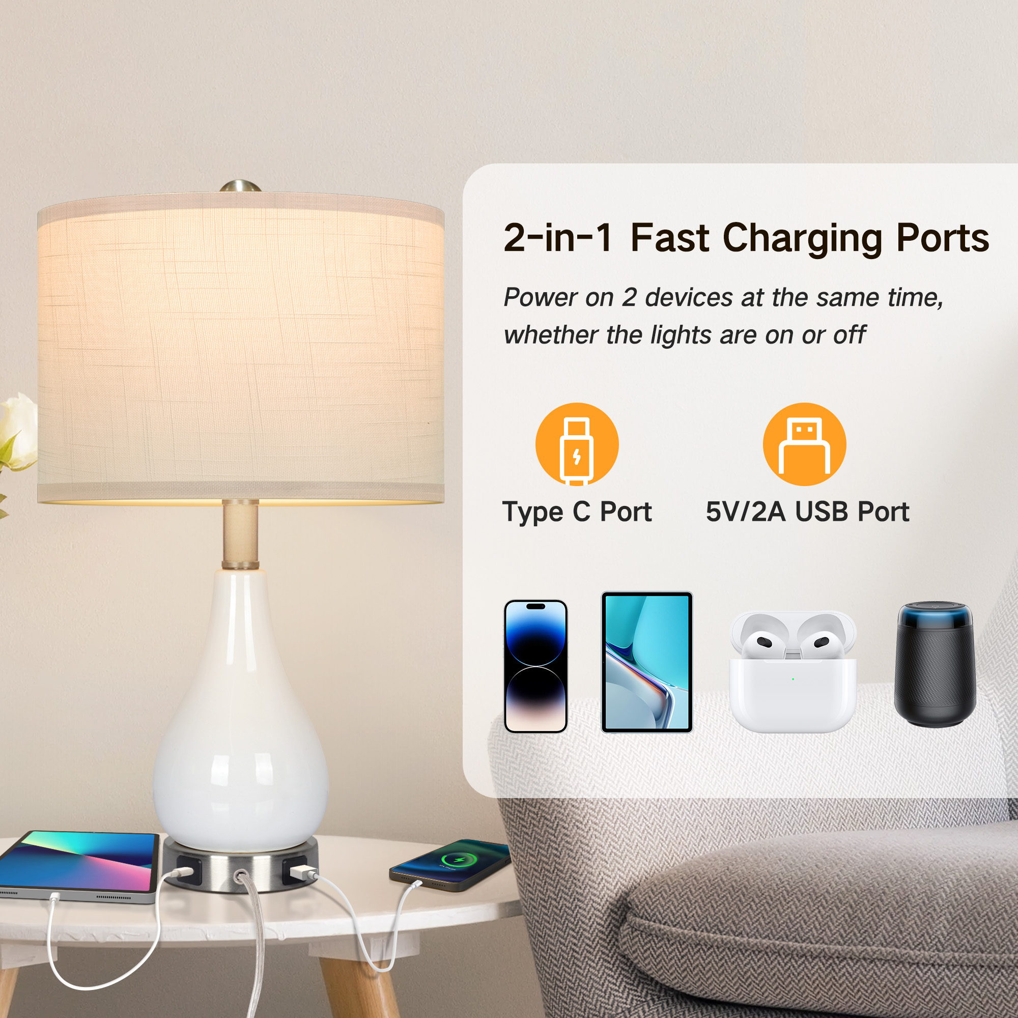 OUTON Table Lamp for Living Room, 3-Way Dimmable Nightstand Lamp Set of 2 with USB C+A Charging Ports for Bedroom, side table, Bulb Included - image 3 of 9