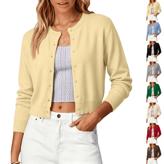 Cropped Cardigan Sweater Womens Lightweight Soft Knit Long Sleeve Crew Neck Button Down Dressy Cute Versatile Spring Fall Business Casual Work Travel Yellow XS