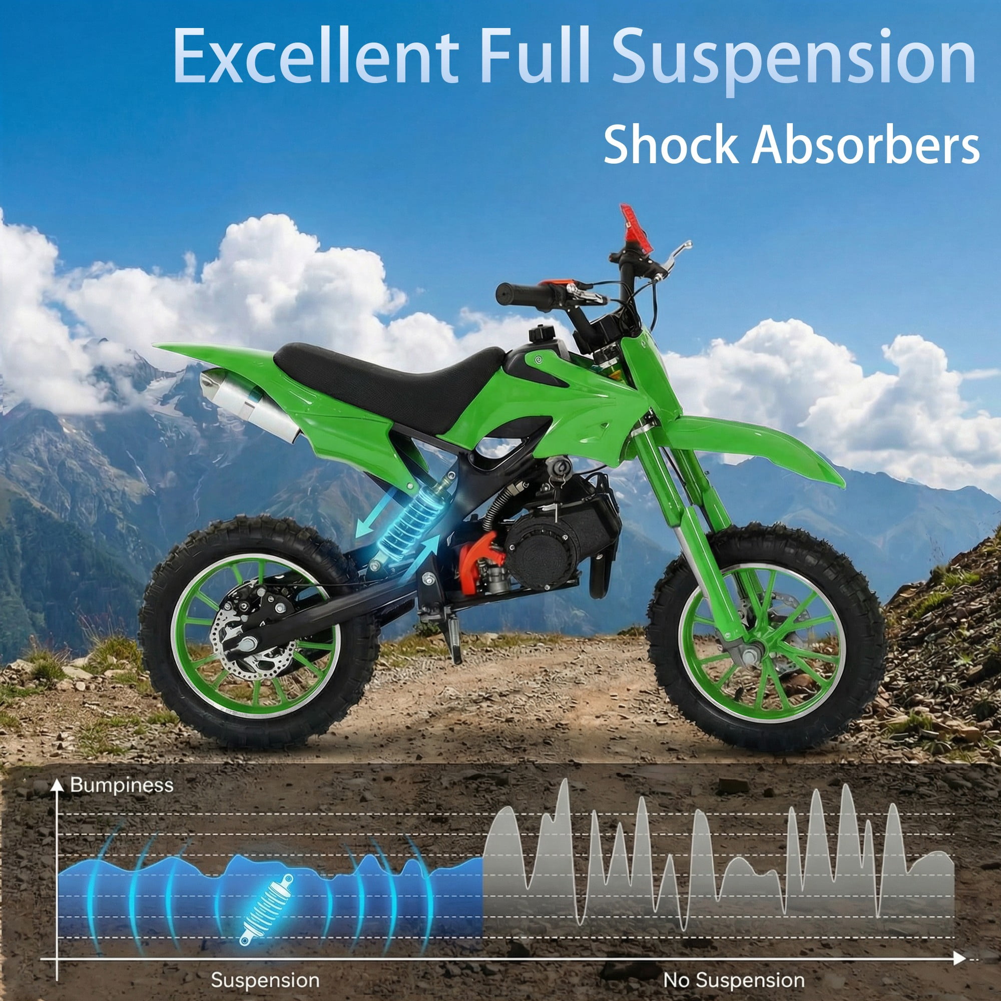 FONA 49cc Kids Dirt Bike 2-Stroke, 25MPH Mini Motorcycle for Ages 8–12, Dual Disc Brakes, Stable Suspension, Off-Road Tires, Soft Seat Green
