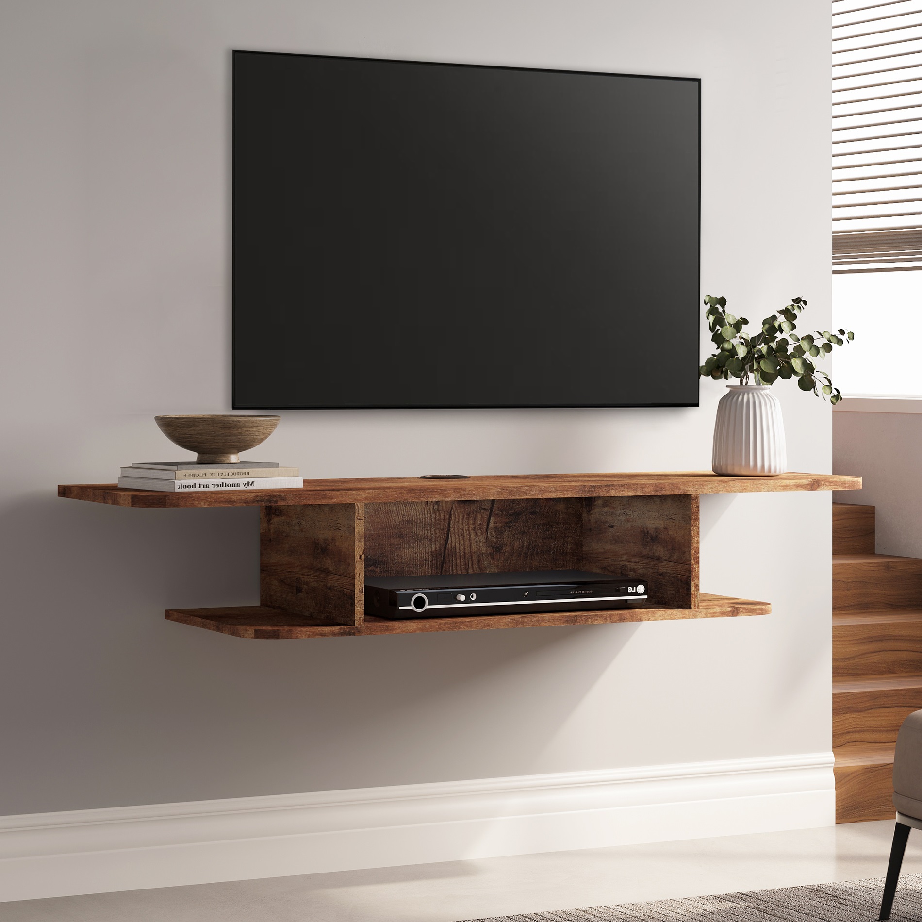 2Tier Floating TV Stand, Wall Mounted Media Console with Storage Shelf