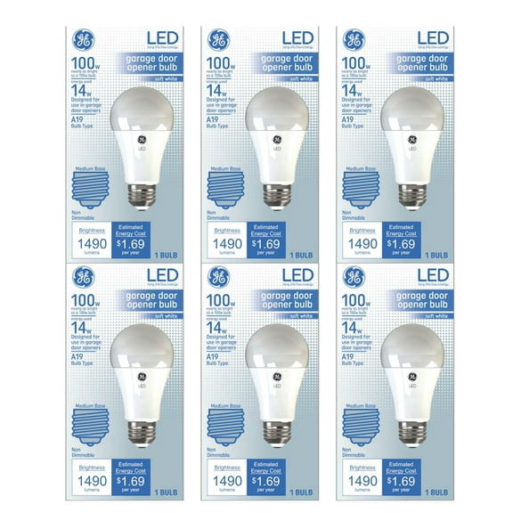 (case of 6) GE Lighting LED A19 Garage Door Opener Bulb, Frosted Soft White, 1490 Lumens, 14-Watts, rough service, heavy duty to withstand vibration and cooperate with garage door opener