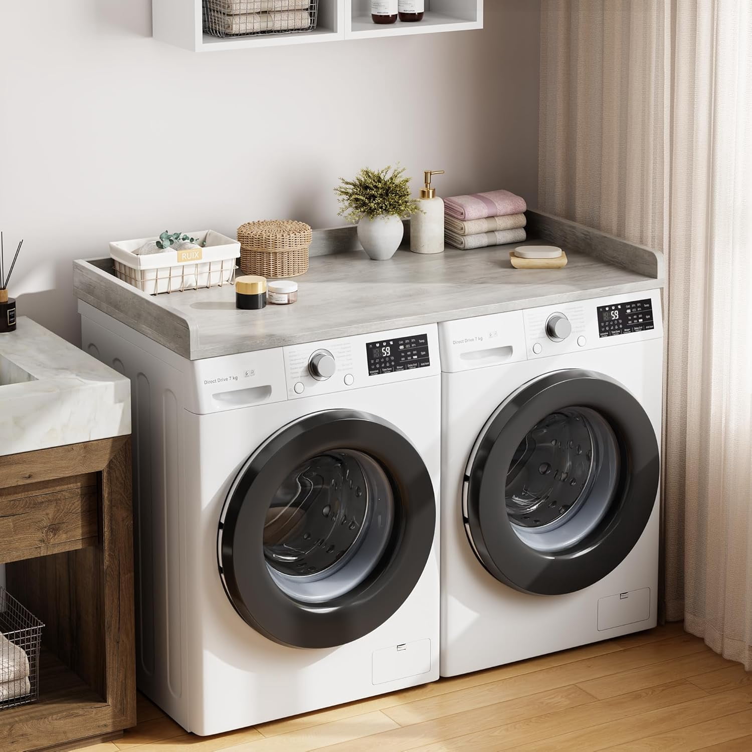Washer Dryer Countertop, laundry topper with Edge and Non-Slip Pad for Washer Dryer Laundry Hamper Counter Storage Organization 54"x27.5" ，Grey