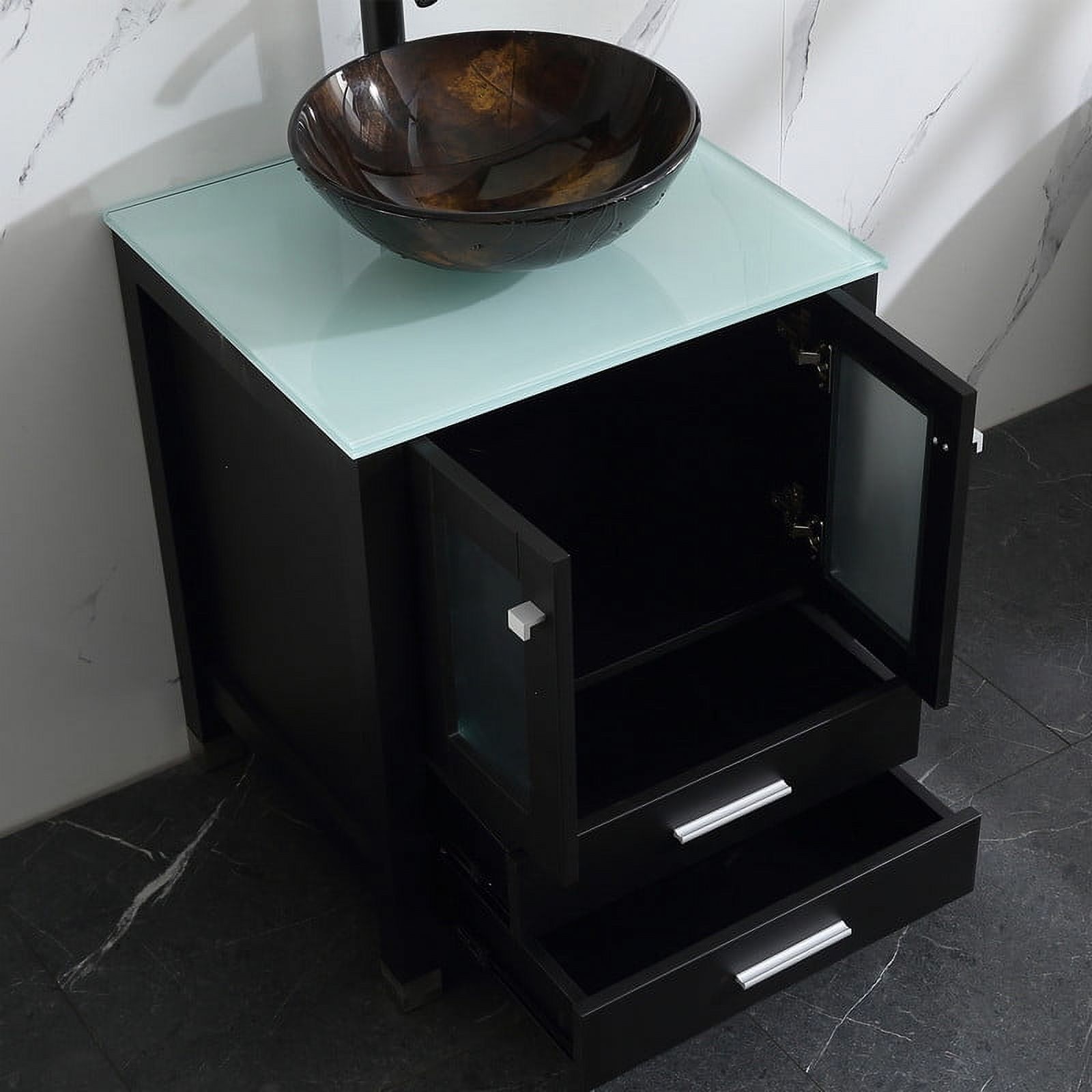 Walsport 24" Luxurious Wood Bathroom Vanity Cabinet Golden Brown Round Vessel Sink Vanity Cabinet Tempered Glass Top w/ Mirror,Black