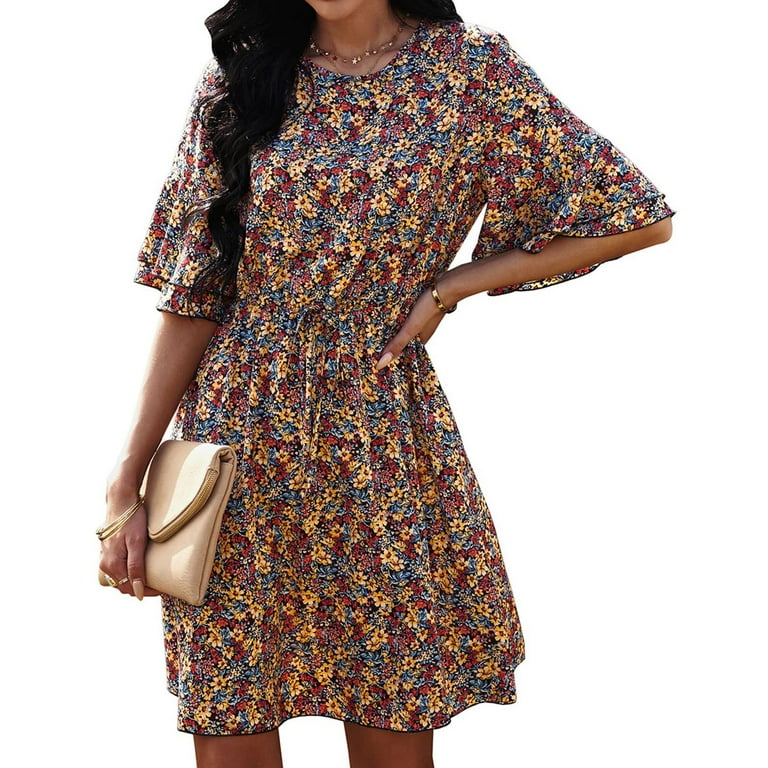 Womens Chain Leaky Back V Neck Drawstring Tie Print Mini Dress Jacket Dress Tea Length Formal plus Size Dresses for Women Bridesmaid Party Dress for
