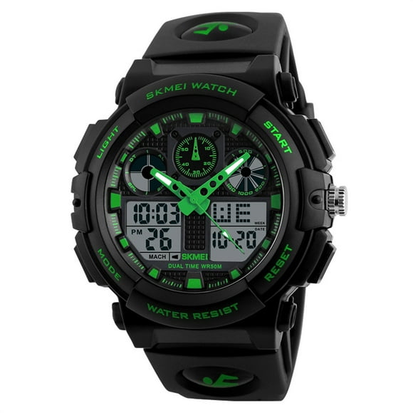 SKMEI SKMEI 1270 Dual Time Men's Sports Watch with Quartz and Digital Movement, 5ATM Water Resistant, Luminous Display, Alarm, Stopwatch, Black Case with Green Hands