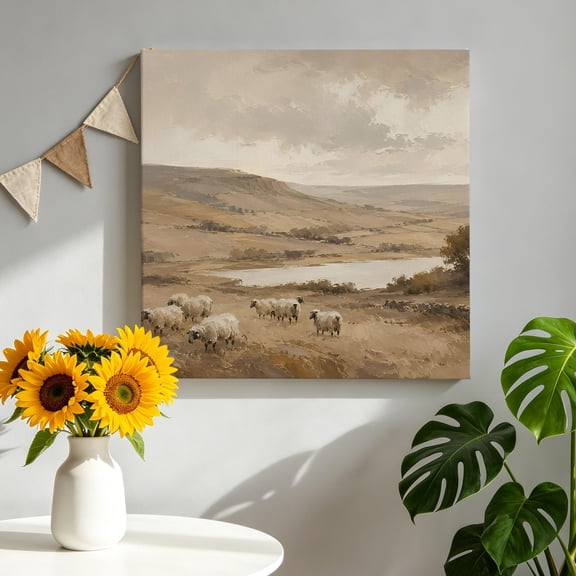 Grazing Sheep Canvas Wall Art for Living Room, Rustic Vintage Cottagecore Brown Rolling Hill River Poster Print Painting for Bedroom Office Gallery Decoration Wall Pictures Prepare To Hang 12"x12"
