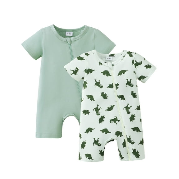 Kucnuzki Newborn Baby Boys Summer Bodysuits 3-6 Months Short Sleeves Zipper Rompers Dinosaur Print and Solid Color One-piece Overalls 2pcs Clothing Green 3M 4M 5M 6M