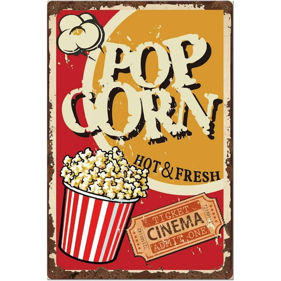 Tin Sign Popcorn Vintage Metal Signs Movie Theater Store Decor Restaurant Metal Plaque Retro Wall Art Poster Wall Decoration for Bar Playroom Cinema Garage Man Cave